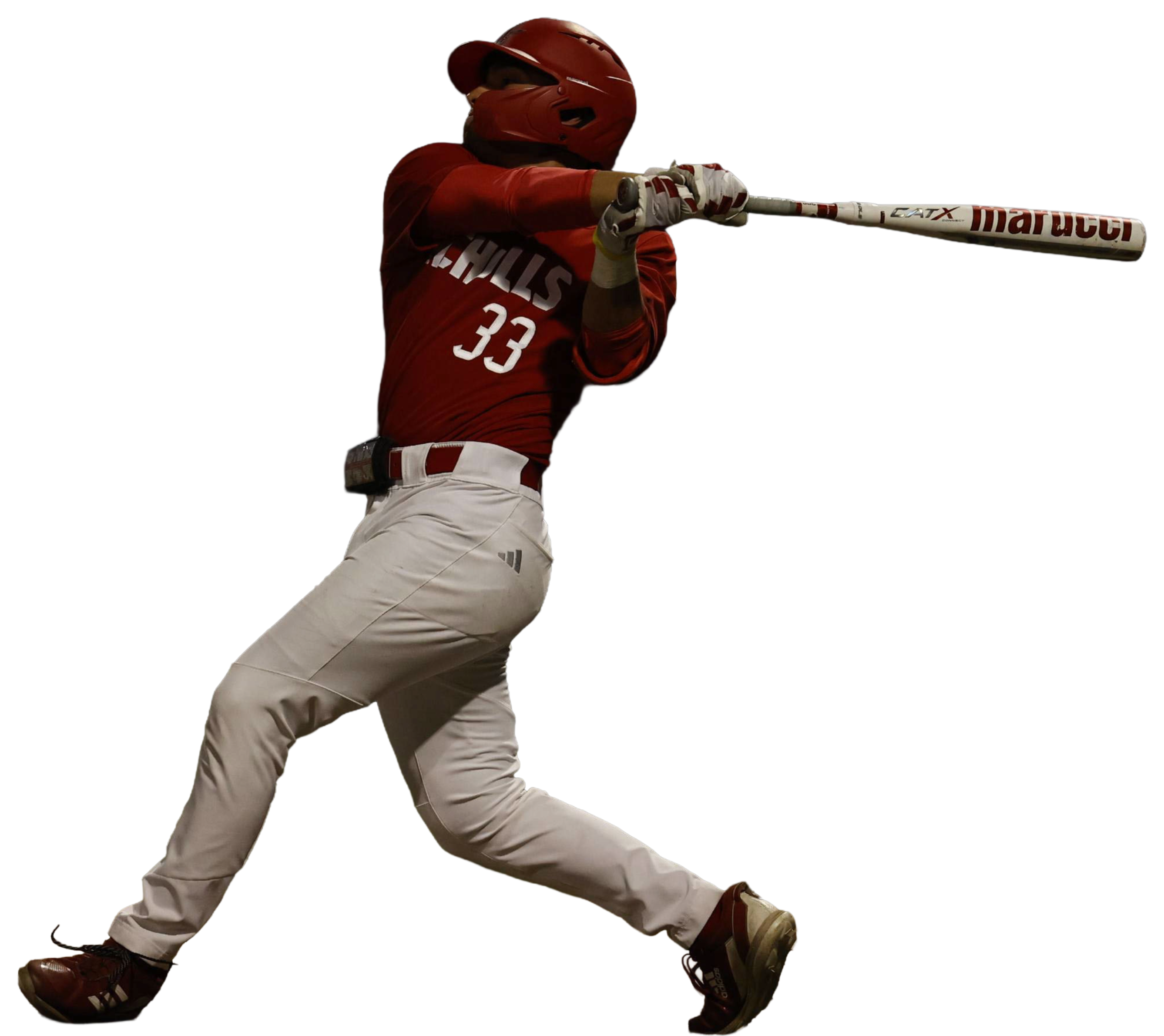 Erick Ordonez mid-swing during a college baseball game